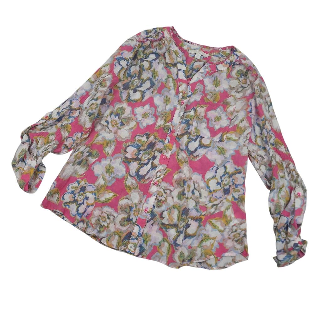Juniper + Lime Floral Button Up Shirt Sz XL | Ruffle Roll Tab Sleeve Blouse